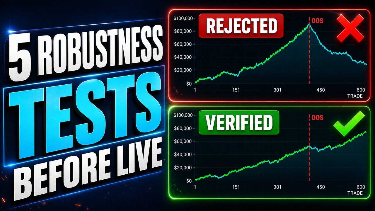 5 robustness tests before live: a rejected strategy whose equity curve collapses out-of-sample next to a verified one that keeps climbing